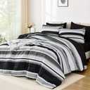 WONGS BEDDING Queen Size Comforter 7 Pieces, Black Queen Comforter Set with Sheets, Boho Striped Bed in a Bag Soft Micorfiber Bedding Set for All Seaon (90"90")
