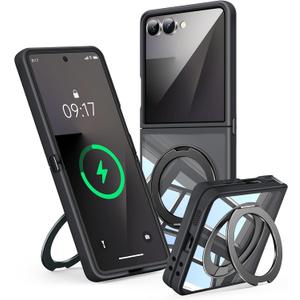 360 Spin Magnetic Stand Case for Galaxy Z Flip 7 Fit for MagSafe & Pixelsnap Cover with Ring Holder No-Yellow Crystal Clear Camera Protection Phone Samsung Galaxy Z Flip 7 Case - Black
