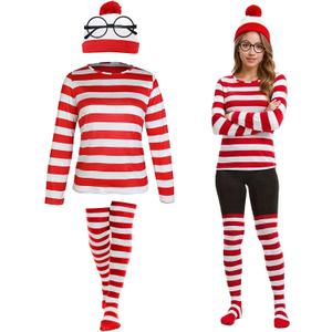 Red and White Striped Shirt Costume Set for Adults with Hat, Socks and Round Glasses, Women's Halloween Party Outfit (X-Large)