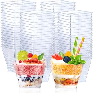 Zubebe 100 Pack 3.5 oz Square Plastic Cups, Appetizer Dessert Cups Clear Plastic Disposable Small Tumbler for Ice Cream, Fruit Puddings, Desserts, Appetizers Summer Wedding Party Catering Supplies