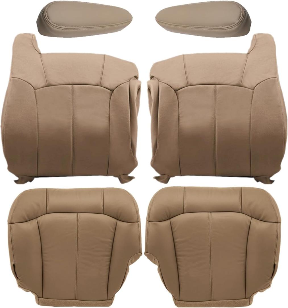 NLQR Medium Tan #522 or 52i Driver & Passenger Side Bottom & Top Lean Back Replacement Microfiber Leather Seat Covers & Armrest Covers fit for Chevy Silverado Avalanche GMC Sierra 1999 2000 2001 2002