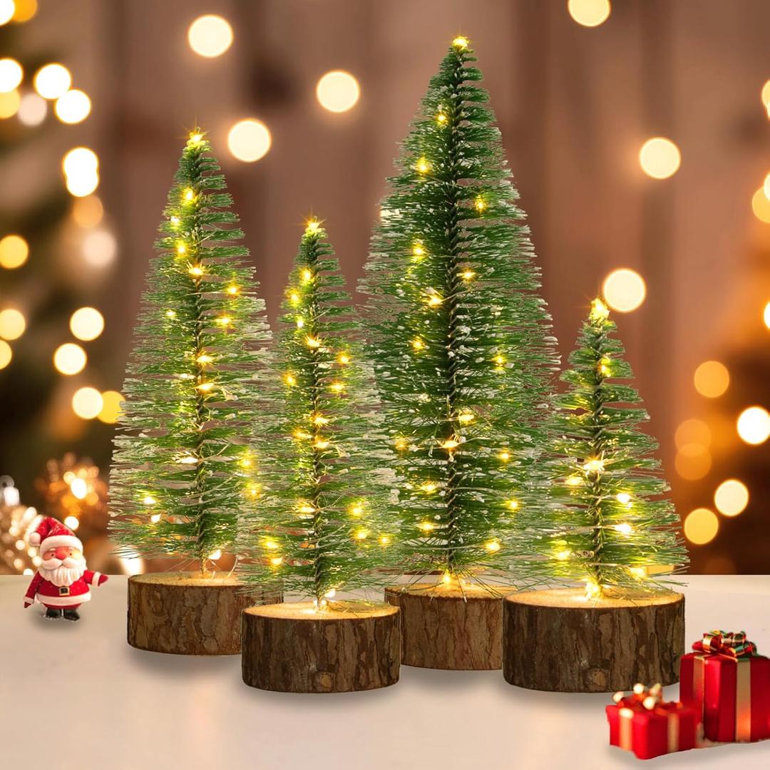 4 Pcs Mini Christmas Trees, 4 Sizes Artificial Christmas Bottle Brush Trees with Timer Fairy Lights Timer Battery Powered Tabletop Tree Decoration (Warm White)