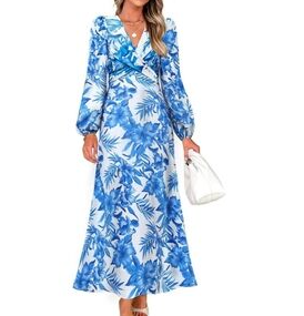 ZESICA Women's Floral Long Sleeve Midi Dresses 2026 Fall Boho V Neck Belted High Wasit Flowy Wedding Cocktail Party Dress
size XL Colors Blue