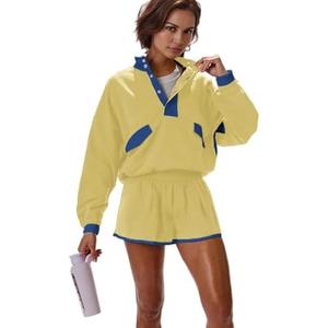 Seetaa Women's Two Piece Short Sets Summer Lounge Sweatsuits Long Sleeve Outfits Travel Tracksuit with Pocket Size, M, Yellow