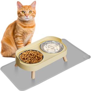 Elevated Cat Bowl with Food Mat, Raised Cat Food and Water Bowl Set for Indoor Cats, Splash Proof with 2 Stainless Steel Pet Food Bowls for Cat and Puppies,Whisker Fatigue and Dishwasher Safe (Yellow)