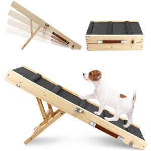 Adjustable Dog Ramp, Wooden Folding Portable Pet Ramp,Rated for 30 LBS, 32.6" Long and Adjustable from 10" to 19" with Non-Slip Traction Mat, Dog Step for Bed, Couch,Car (Grey) (32.68"-Grey)