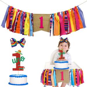 Mexican Fiesta 1st Birthday Party Decor, Mexican Cinco De Mayo Theme First Birthday Highchair Banner UNO Glitter Cake Topper & Hair Bow for Cactus Taco Bout First Birthday Photo Props Party Supplies