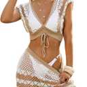 GORGLITTER Women's 2 Piece Crochet Cover Up Set Beach Vacation Outfits Swim Coverups Skirt Swimsuit (Khaki) Small