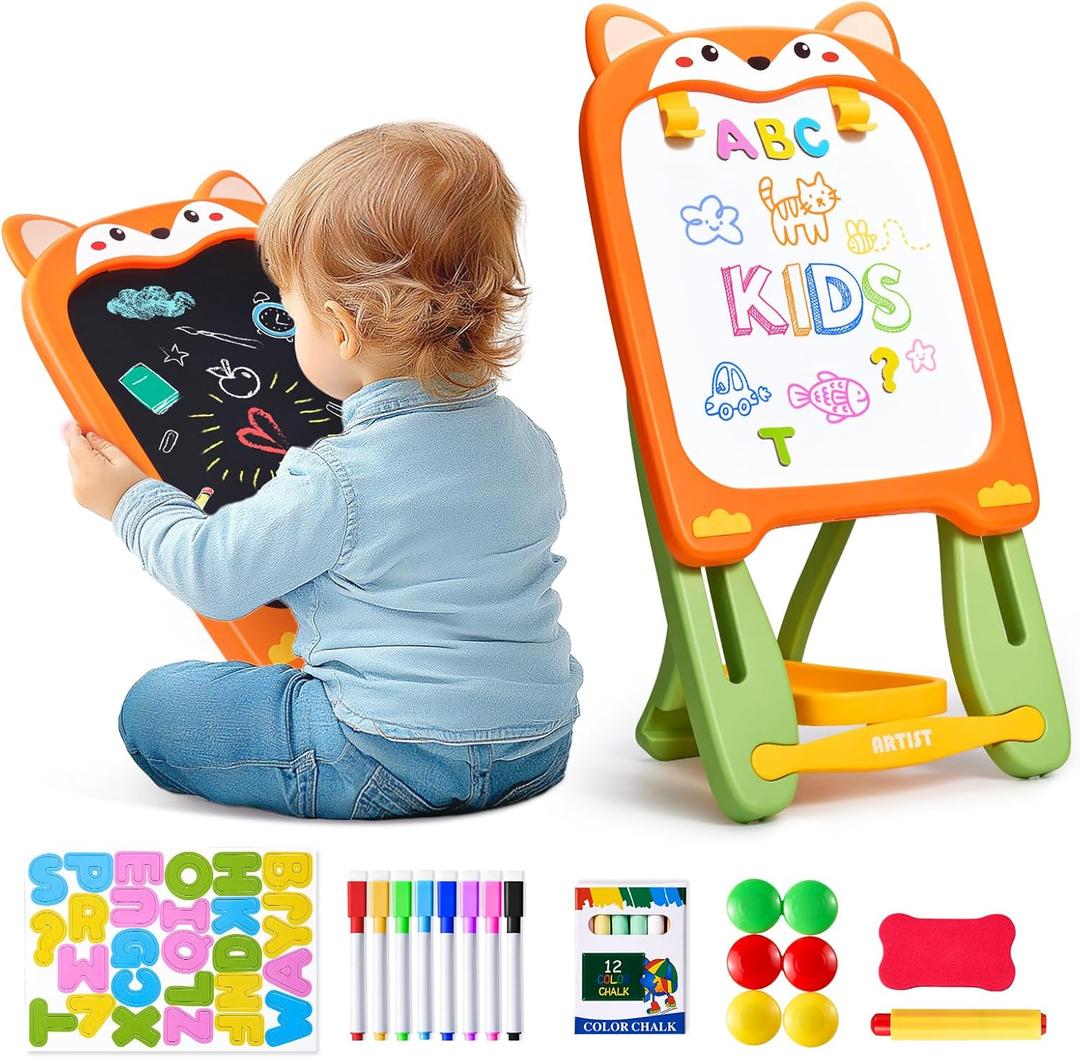 Joycat Adjustable Standing Toddler Art Easel with educatinal Accessories for Kid,4-in-1 Double-Sided Magnetic Chalkboard&Whiteboard,Dry Eraser Board,Detachable&Portable,Ideal Birthday Gift for 2-4,FOX