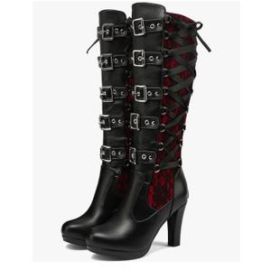 Women Lace Knee High Boots Buckle High Heel Knee Boots Lace Up Punk Platform Back Zipper Riding Goth Combat Bootie, Size 41