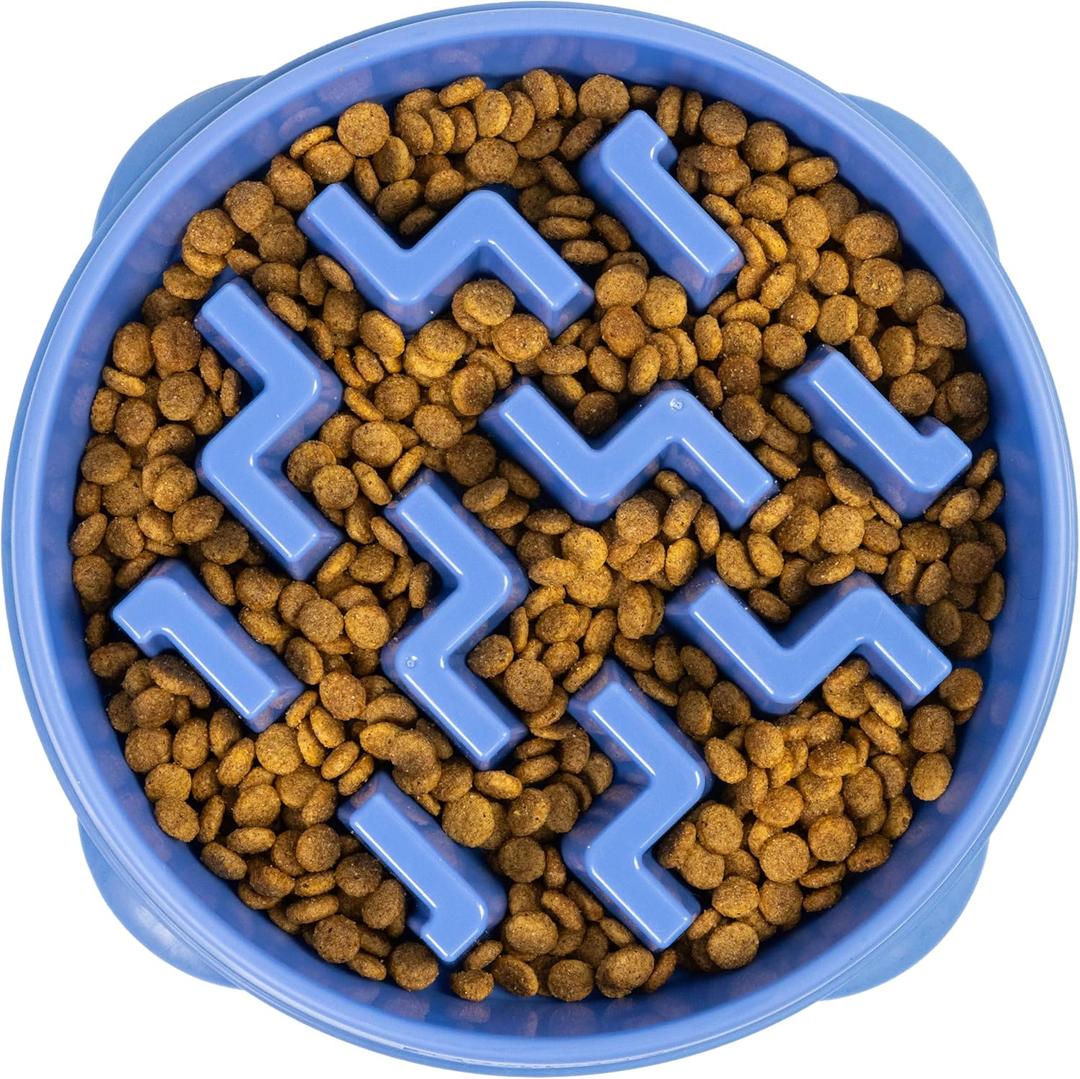 Outward Hound Fun Feeder Slo Bowl Large 4Cup Capacity, Slow Feeding, Medium to Large Dogs, NonSlip, Blue, Notch Pattern