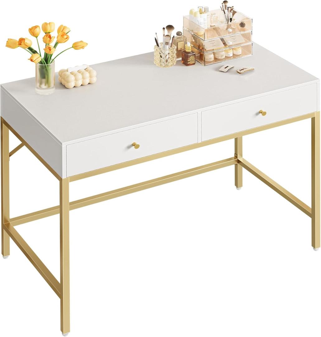 SUPERJARE 39.4" White and Gold Desk with 2 Drawers, Modern Makeup Vanity Desk, Small Computer Desk Home Office Desk for Writing Study Bedroom