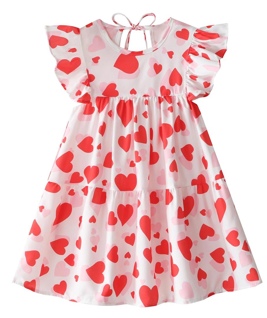 RJXDLT Toddler Dress Baby Girls Cotton Linen Ruffle Sleeve Tiered Swing Casual Summer Boho Dresses 690 Pink Heart 130