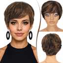 RUWISS Pixie Cut Human Hair Wig Short Wigs for Black Women with Bangs, Natural Layered Wavy Wig, Glueless, 1B/30#