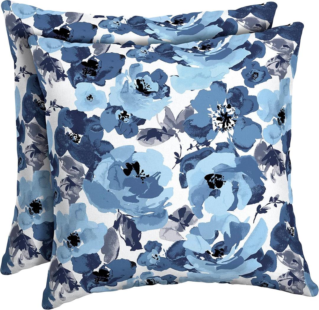 Arden Outdoor Toss Pillow, 2 Pack, 16 x 16, Rain-Proof, Fade Resistant Blue Garden Floral