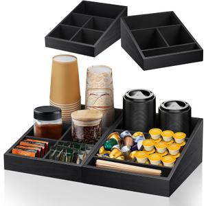 Coffee Station Organizer Coffee Condiment Service Tray with 9 Compartment for Counter, Wood Coffee Bar Supplies Organizer for Home Office Breakroom Two-in-One Black