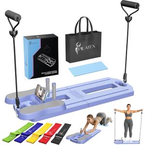 Pilates Board  Foldable Pilates Reformer with Resistance Bands, Bar & Travel Bag  Full-Body Strength & Ab Training Equipment for Women & Men, 15 in 1 (Purple, Starter)