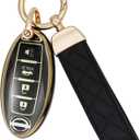 SUNCARACCL for Nissan Key Fob Cover with Leather Keychain, Soft TPU Full Cover Protection Key Case for Altima Maxima Rogue Armada Pathfinder Smart Key(Black)
