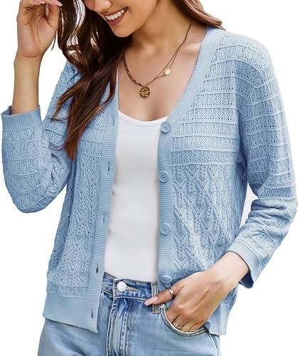 GRACE KARIN Women Lightweigt Crochet Knit Cardigan, 3/4 Sleeve Cropped Shrugs, Spring Button Down Sweaters Tops Light Blue XXL