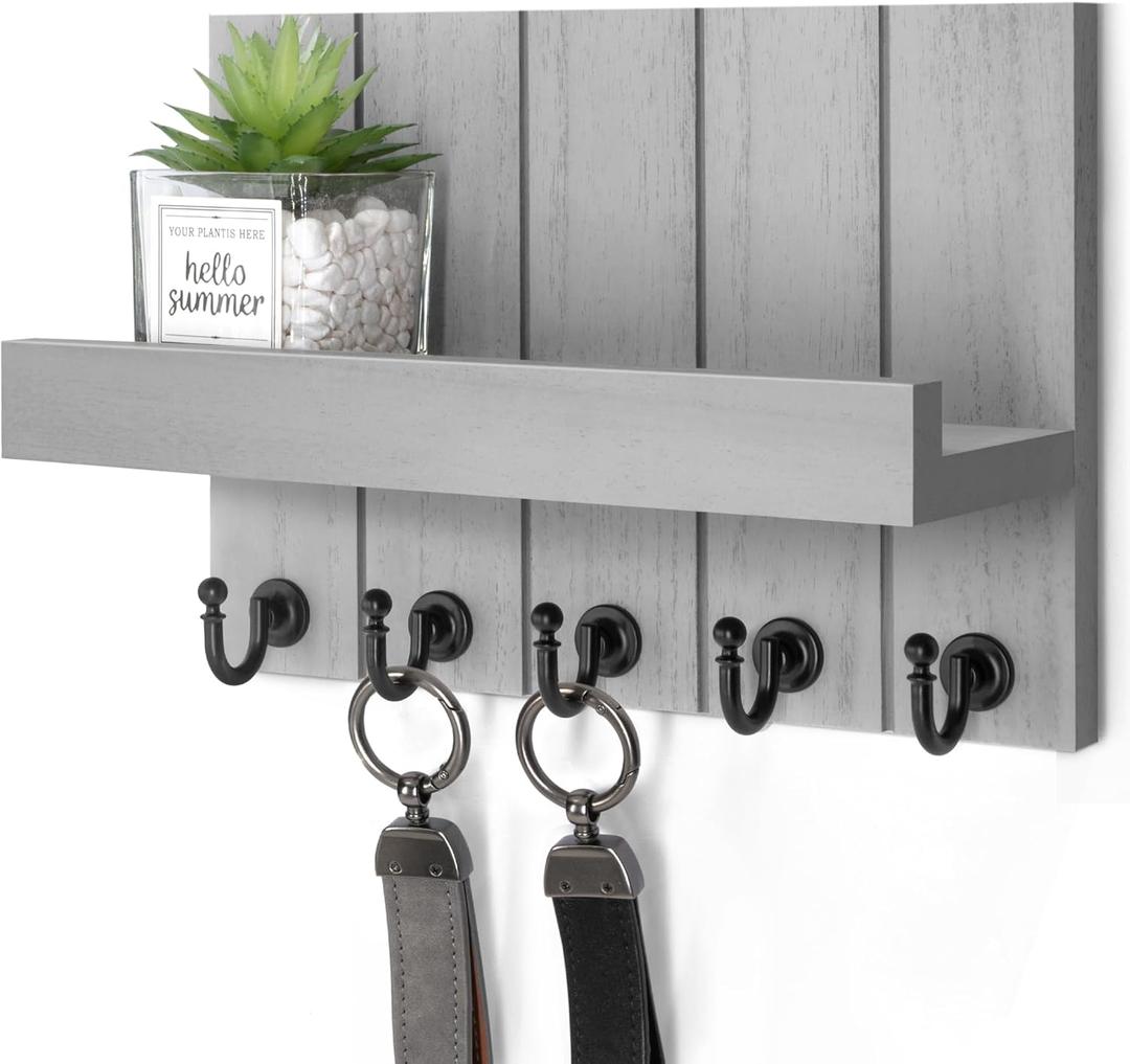 Rebee Vision Decorative Key and Mail Holder for Wall - Modern Key Hooks with Shelf and Mail Organizer Wall Mount for Frmhouse House Decor - Stylish Apartment Essentials (Gray, 3.54"D x 10"W x 7.28"H)