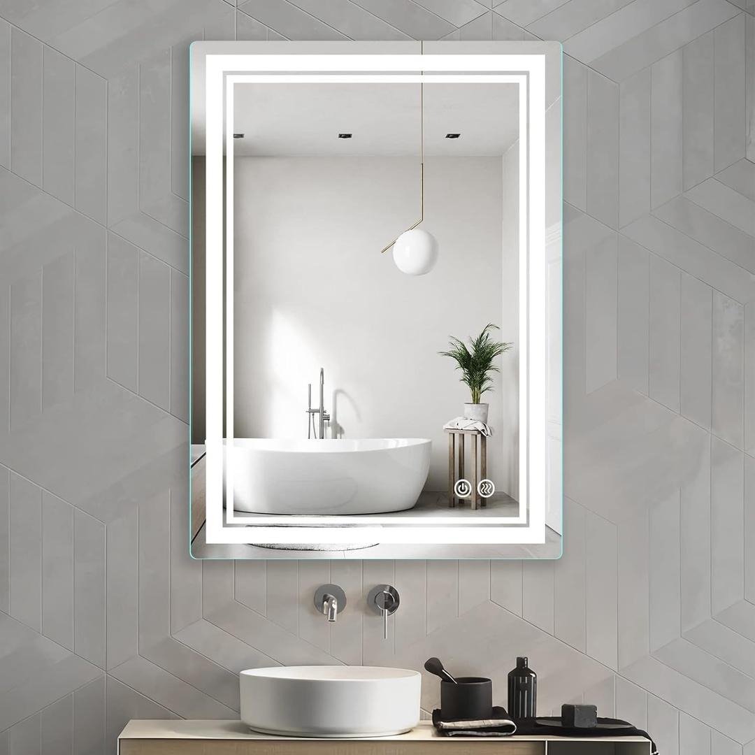 28x20 inch LED Lighted Bathroom Mirror with Anti-Fog, Fashion Bathroom Decor Vanity Mirror with Dimmable, Smart Control, Memory, Adjustable Warm White/Natural/Daylight, Birthday Wedding Gift
