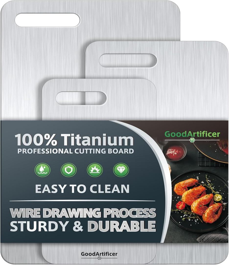 Titanium Cutting Boards Set of 3, 100% Pure Titanium Kitchen Cutting Board, Double-Sided Non-Toxic Cutting Board, Ideal for Slicing and Dicing Meats, Features Handle, Dishwasher Safe (Silver)