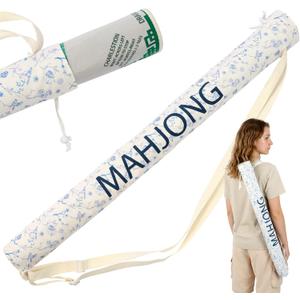 35.4 Inch Long Canvas Mahjong Mat Carrying Bag Double Strapped Drawstring Holder Durable Bag Only for Mahjong Lovers, Mat Not Included, Blue White Chinese Style, 1 Pc