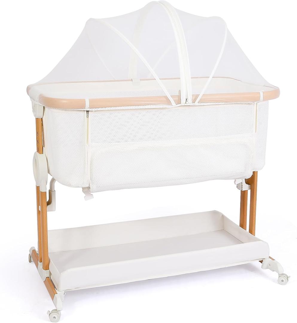 Baby Bassinet Bedside Sleeper 2 in 1 with Wheels, Breathable All Mesh with Mattress, Incline Option, 5 Adjustable Heights for Newborn to 6 Months Infant