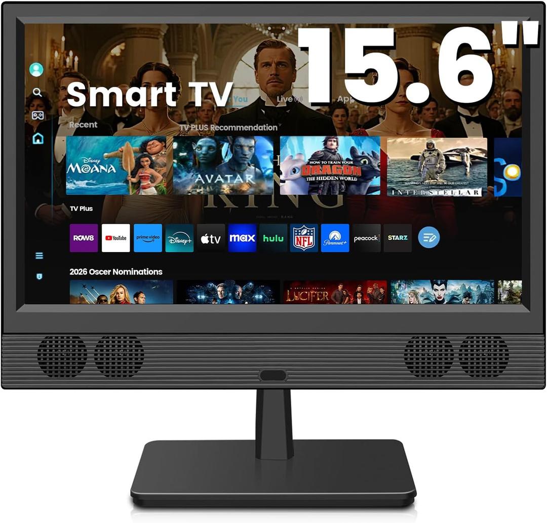 Othoig 15.6 Inch Small Smart TV, FHD 1080p Compact Smart TV with Built-in Apps, WiFi & Bluetooth, ATSC Digital Tuner, HDMI/USB/AV Inputs, 110–220V AC Power TV for Kitchen, Bedroom, RV, Camper, Truck