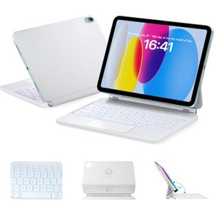 HOU Keyboard Case for iPad A16 11/10, Magnetic Magic-Stand, Floating Design, Durable Spindles, Multi-Touch Trackpad, 7 Colors Backlit, Stain Resistant PU, Bluetooth (White)