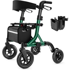 Walkers for Seniors, Rollator Walker with Seat, 10" Rubber Wheels All Terrain Rollator Walker with Backrest, Aluminum Walkers Built-in Cable, Foldable and Adjustable Height for Seniors, Green