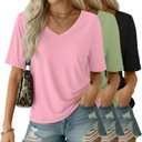 3 Pack Women's V Neck T Shirts Half Sleeve Summer Casual Tops Loose Straight Hem Basic Tees Trendy Outfits (XL)