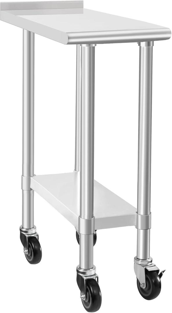 HARDURA Stainless Steel Commercial Work Table with Wheels Prep & Work Metal Table 3012 Inches Heavy Duty NSF with Casters and 2" Backsplash