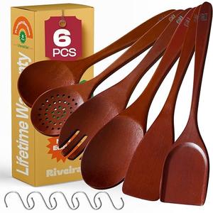Pack of 2, Riveira Set of 6 Premium Brown Bamboo Cooking Utensils - Bamboo Utensils for Cooking - Non-Toxic Kitchen Set - Wooden Kitchen Utensils for Non-Stick Cookware