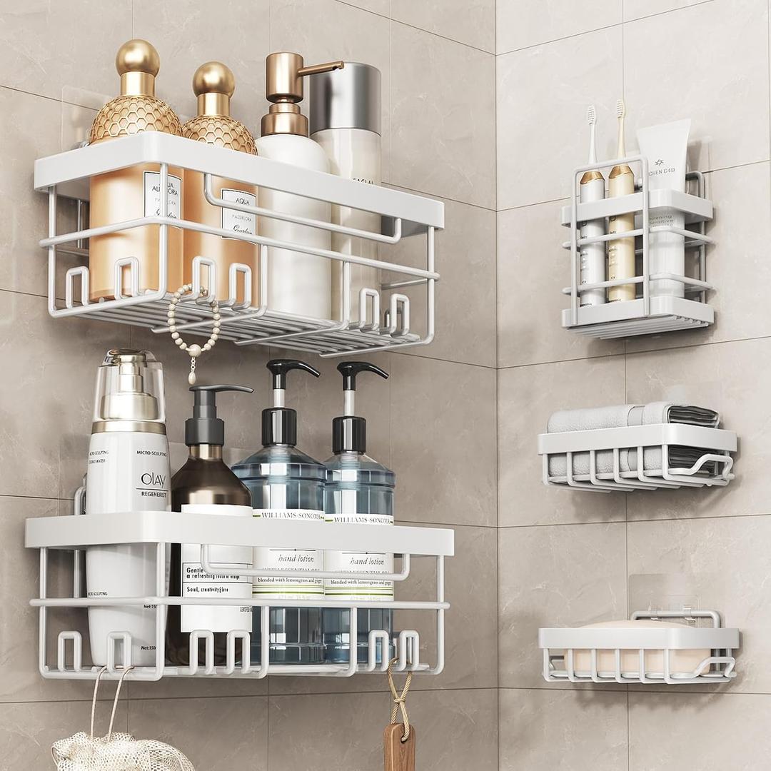 Cobbe Adhesive Shower Caddy 5-Pack, Large Wall Mounted Shower Shelves Rack, Organizer Storage Accessories with Soap Dish&Toothbrush Holder, Shelves for Bathroom Storage & Home Kitchen Decor, White