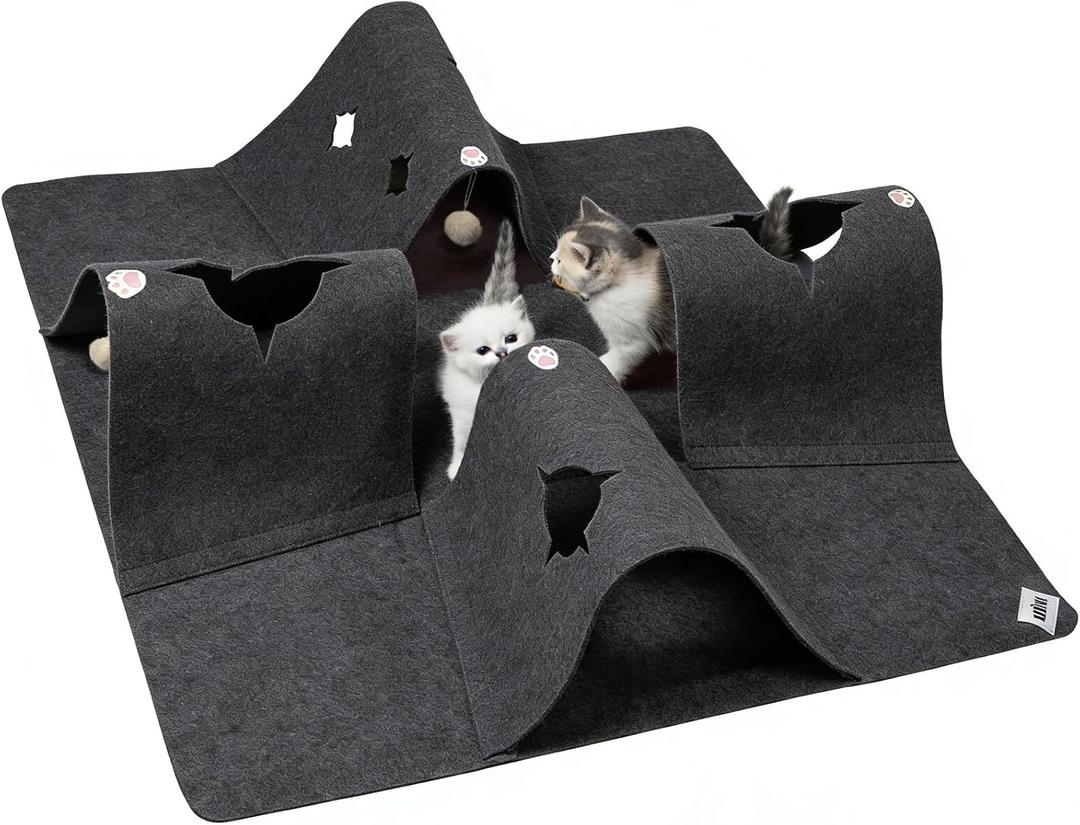 Cat Tunnel Play Mat for Indoor Cats, Felt Interactive Pet Toy with Hidden Ball, Enrichment Activity Rug, Collapsible Cave for Kittens & Small Pets (Dark Gray)