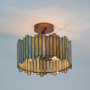 Antique Brass Ceiling Light Fixture in Drum Shape, 12.5 Semi Flush Mount Stained Tiffany Lamp with Mable Green Glass, 3 Light Round Ceiling Hanging Lighting for Foyer Hallway Bedroom Kitchen