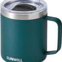 SUNWILL Travel Coffee Mug with Lid, Insulated Cup with Handle, 14 oz Stainless Steel Tumbler for Camping, Office, Outdoor, Powder Coated Dark Green