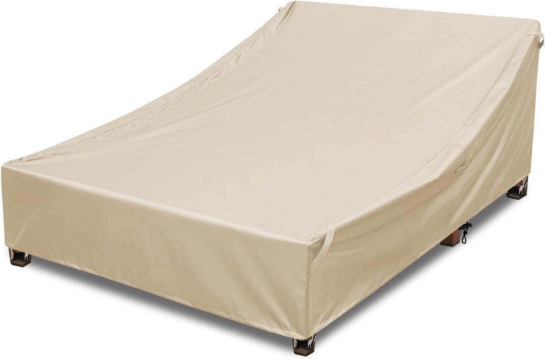 Double Chaise Lounge Cover Outdoor Waterproof 100% 600D Weather-Resistant Oxford Fabric, Tear-Resistant and UV-Resistant All-Weather Patio Furniture Covers for Lounge Chair & Sunbed Daybed, Beige