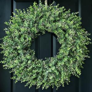 32'' Eucalyptus Wreath for Front Door - Large Artificial Eucalyptus Leaves with White Seeds Greenery Outdoor Wreath for Porch,Window,Farmhouse,Home,Hanging Decor- Spring, Summer, All Seasons (Green)