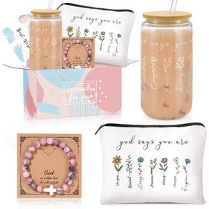 Christian Religious Gifts for Women, Birthday Gifts, Graduation Gifts for Her, Inspirational Bible Jar, Spiritual Religious Catholic Baptism Gifts, Gift Basket with 16 Oz Glass Cup, Makeup Bag