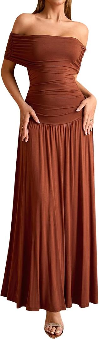 URYIAO Off The Shoulder Maxi Dress for Women Summer Ruched Bodycon Pleated Flowy Formal Wedding Guest Long Dresses (Brown, S)