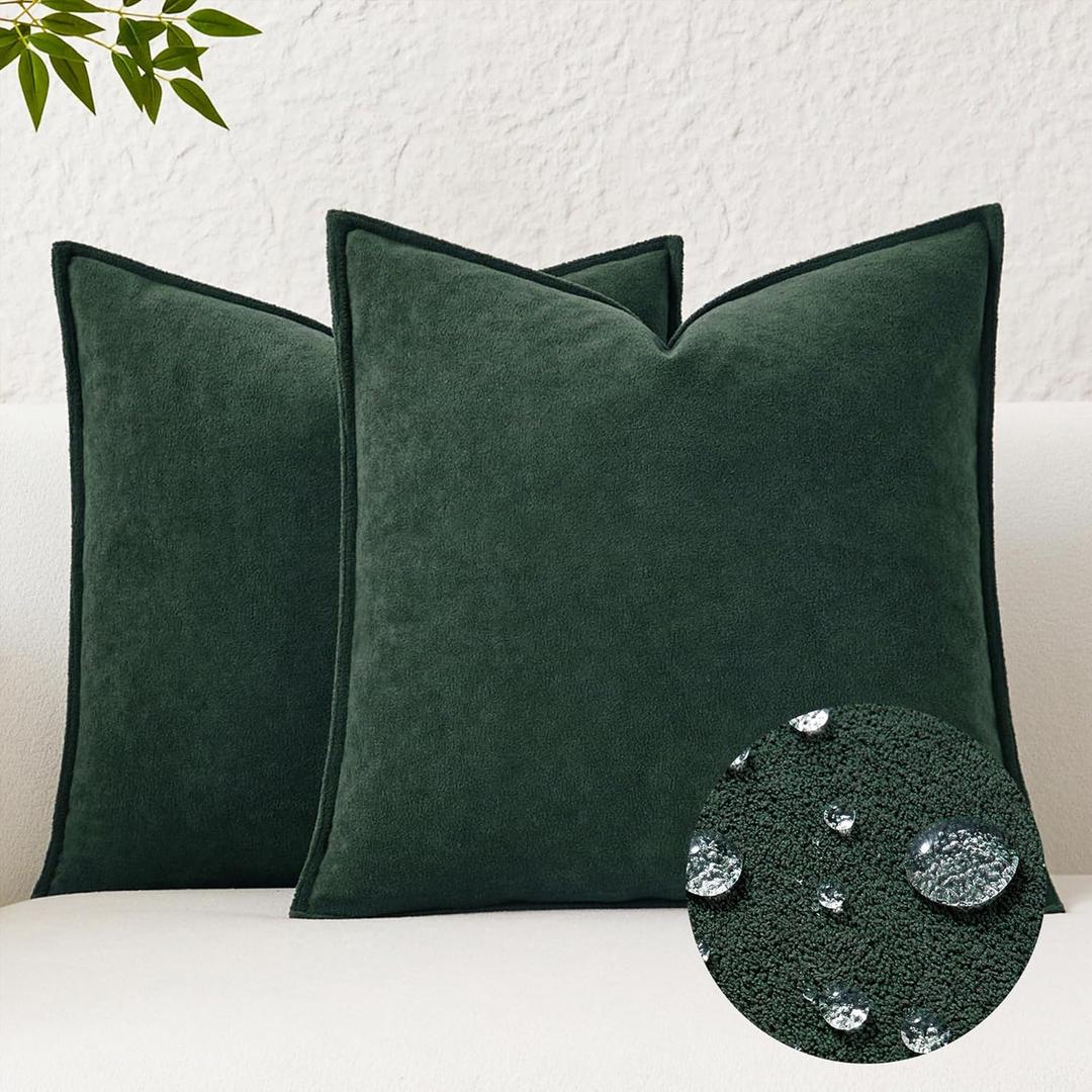 Kevin Textile Decorative Pillow Covers Dark Green 24x24 Inch Pack of 2 Soft Boucle Textured Waterproof Euro Pillowcases Accent Pillows for Couch Sofa Chair Bed Home Decor Indoor Outdoor