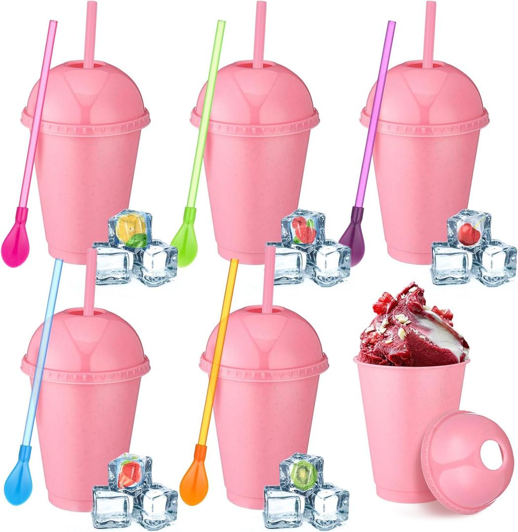 6 Set Slushie Cups with Dome Lids and Straws Detachable Spoon Straws Reusable Plastic Iced Coffee Cups Smoothie Tumbler for Birthdays Summer Party Supplies (Pastel Pink,16 oz)