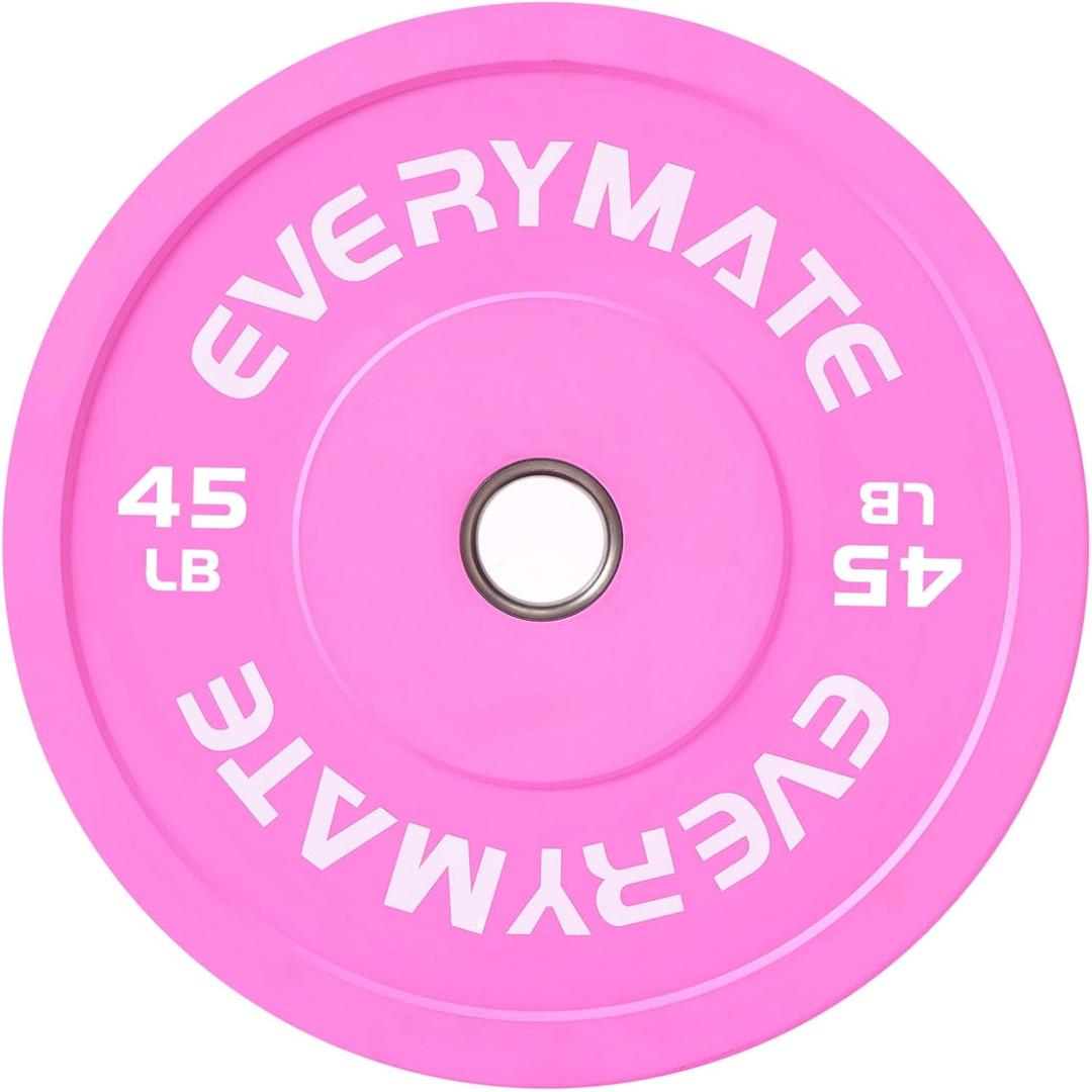 EVERYMATE Pink Weight Plates 45LB Olympic Bumper Plates Grip Weight Plates for Strength Training & Crossfit Steel Inserts Weight Plates Fit 2" Barbells Virgin Rubber Weights