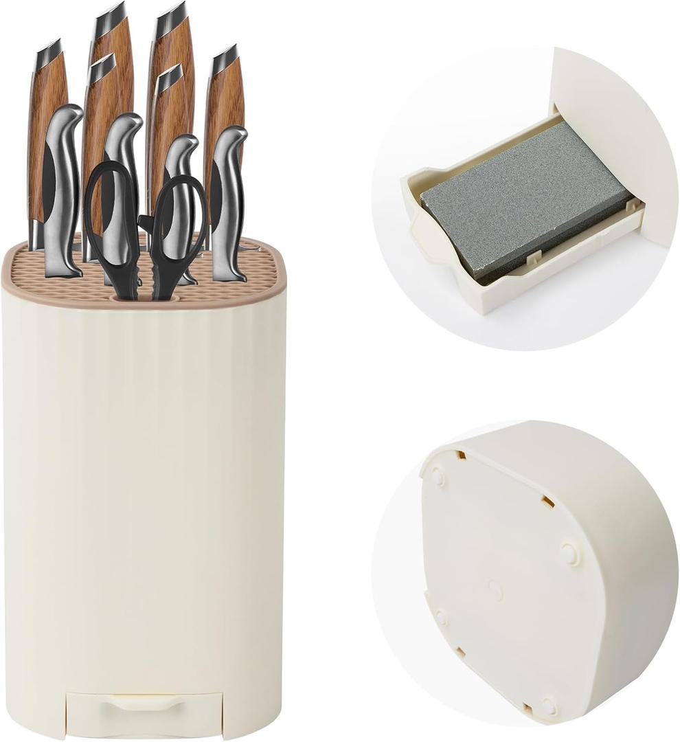 Knife Block Without Knives with Sharpening Stone Large Volume with Scissors Slot Knife Holder Qoosea Easy Cleaning Detachable Knife Storage Space Saver for Kitchen White