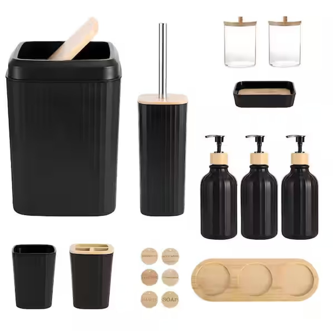 Black Bathroom Accessories Set 17PCS Bathroom Set with 3PCS Soap Dispenser Bathroom Accessory Set Black Trash Can for Bathroom Decor