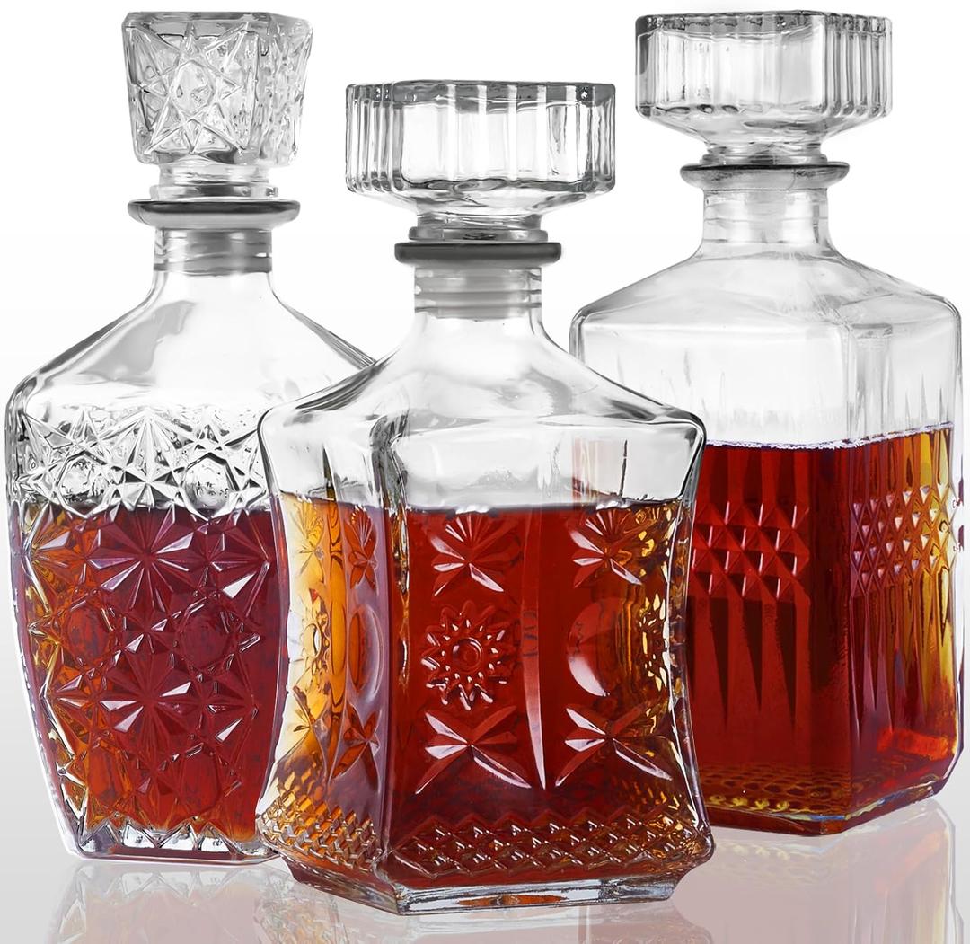 Whiskey Decanter Set of 3 Glass Liquor Decanters, Alcohol Bottles with Airtight Decanter for Tequila, Vodka and Brandy Unique Whiskey presents for Man, Dad, Husband and Home Bar Decor (28oz*2, 31oz*1)
