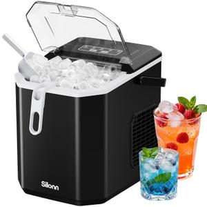 Silonn Ice Maker Countertop, Portable Ice Machine with Carry Handle, Self-Cleaning Ice Makers with Basket and Scoop, 9 Cubes in 6 Mins, 26 lbs per Day, Ideal for Home, Kitchen, Camping, RV, Black 