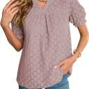 Falechay Tops For Women 2025 Boho Floral Short Puff Sleeve Shirts Summer Flowy V Neck Casual Lace Blouses (X-Large, Pink)